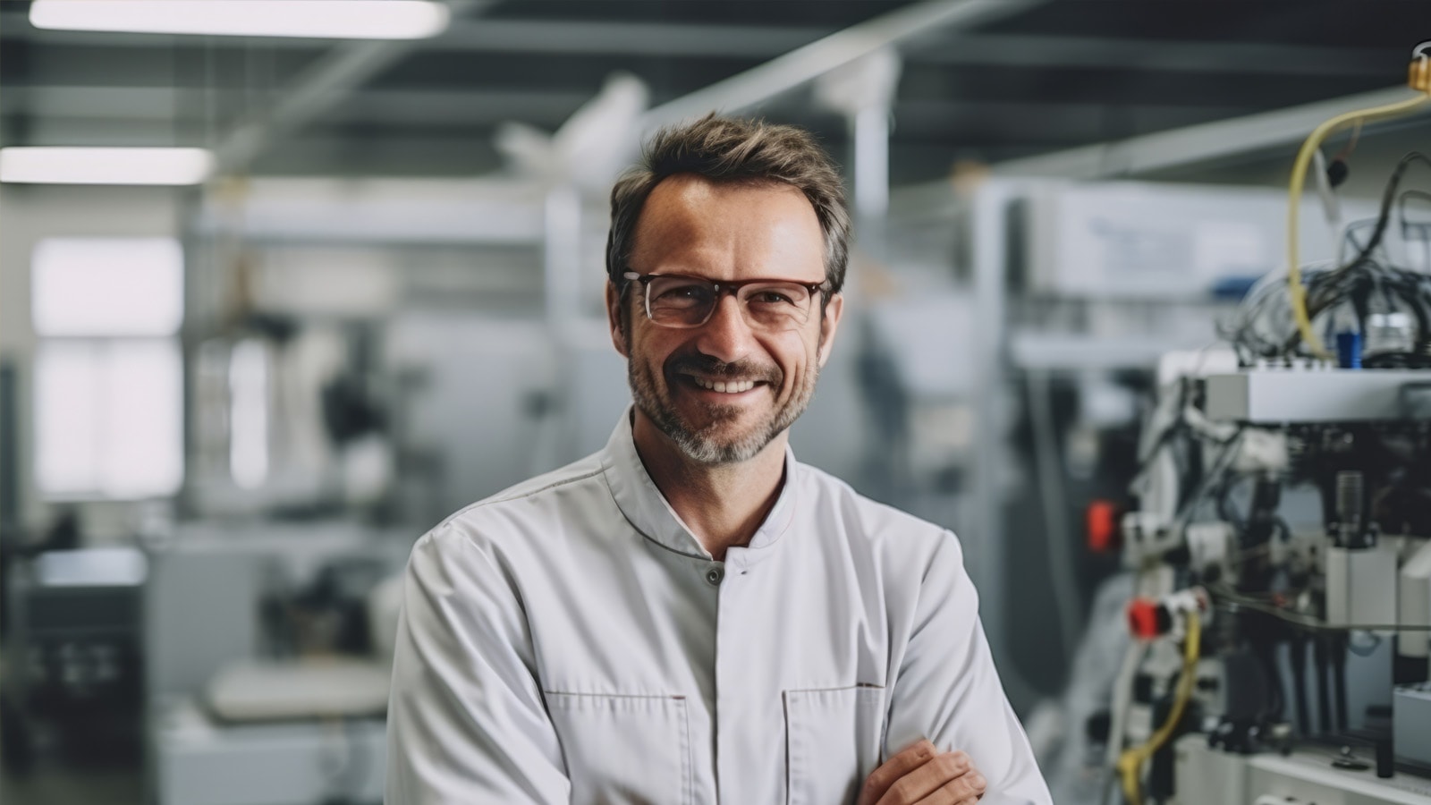 Man i grå skjorte smiler med hænderne over kors