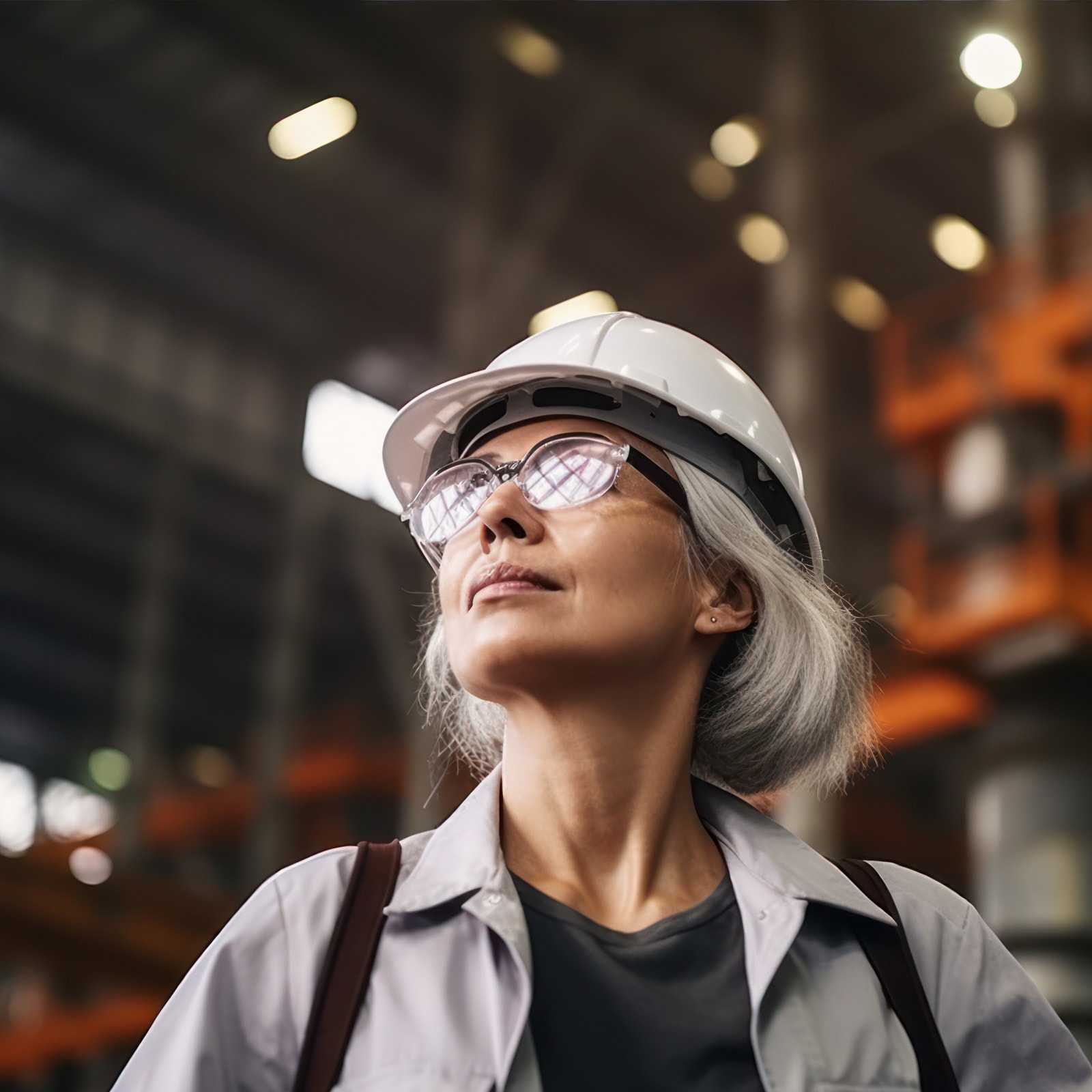 Ældre dame på lager med hvid hjelm kigger op mod horisonten