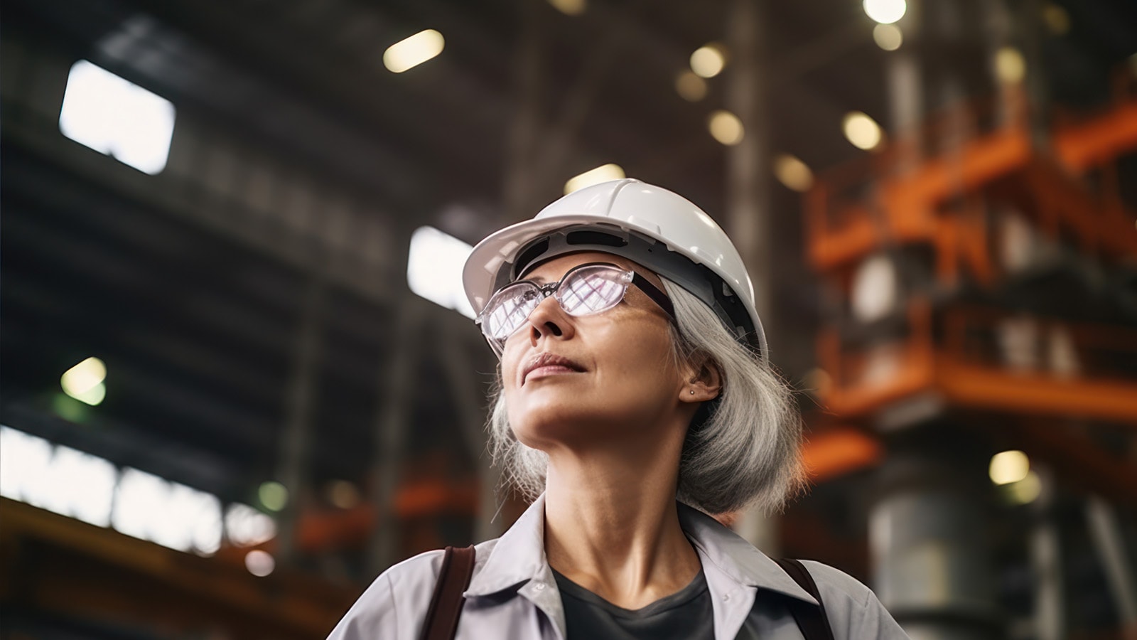 Ældre dame på lager med hvid hjelm kigger op mod horisonten