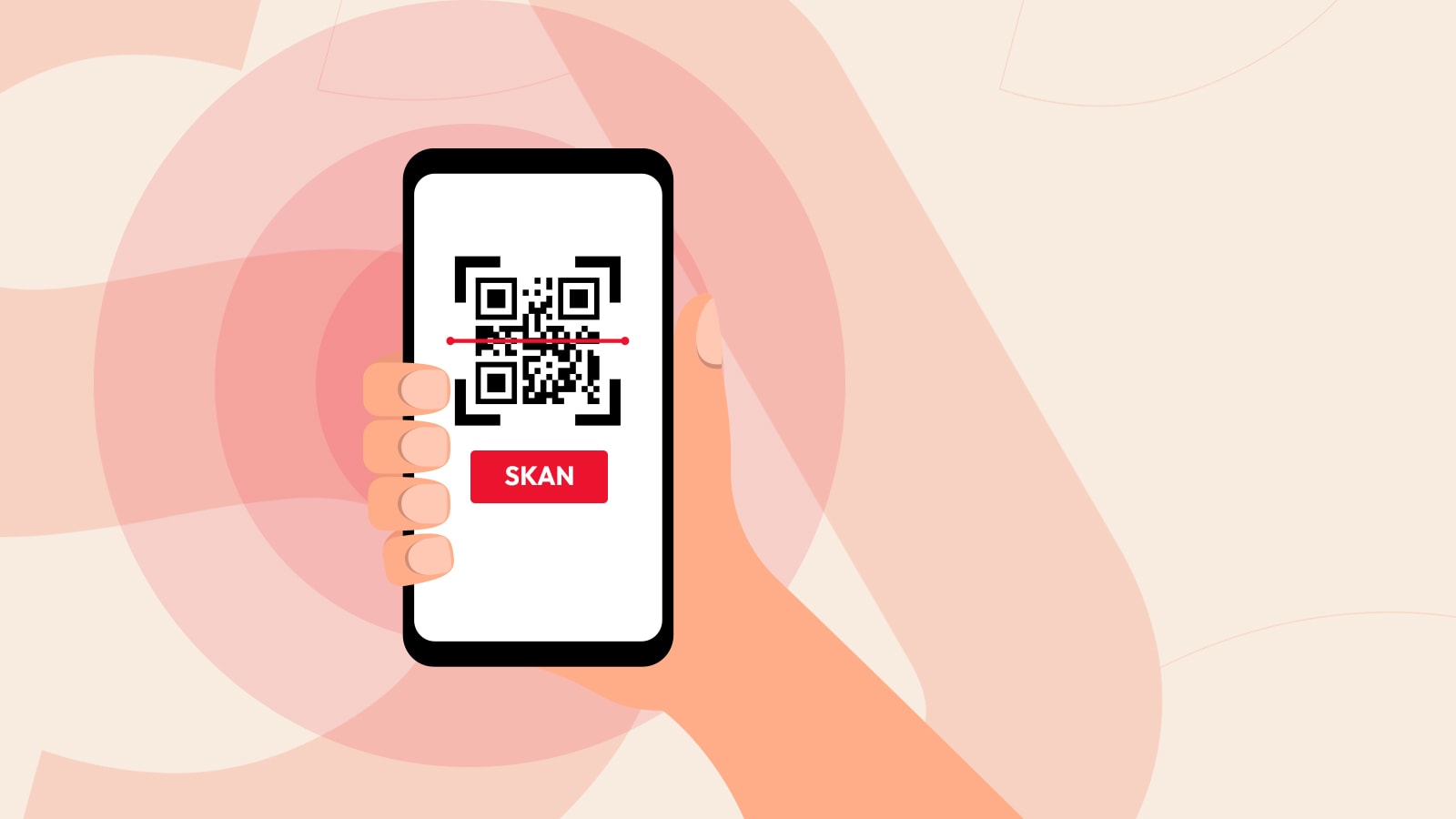 Billede af QR-kode på mobiltelefon med beige og peach-farvet baggrund ifbm. svindel med QR-koder og apps