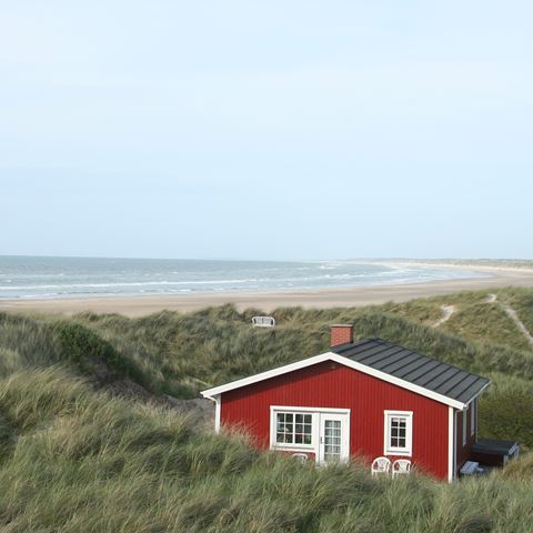 Rødt sommerhus i klitlandskab ved kysten.