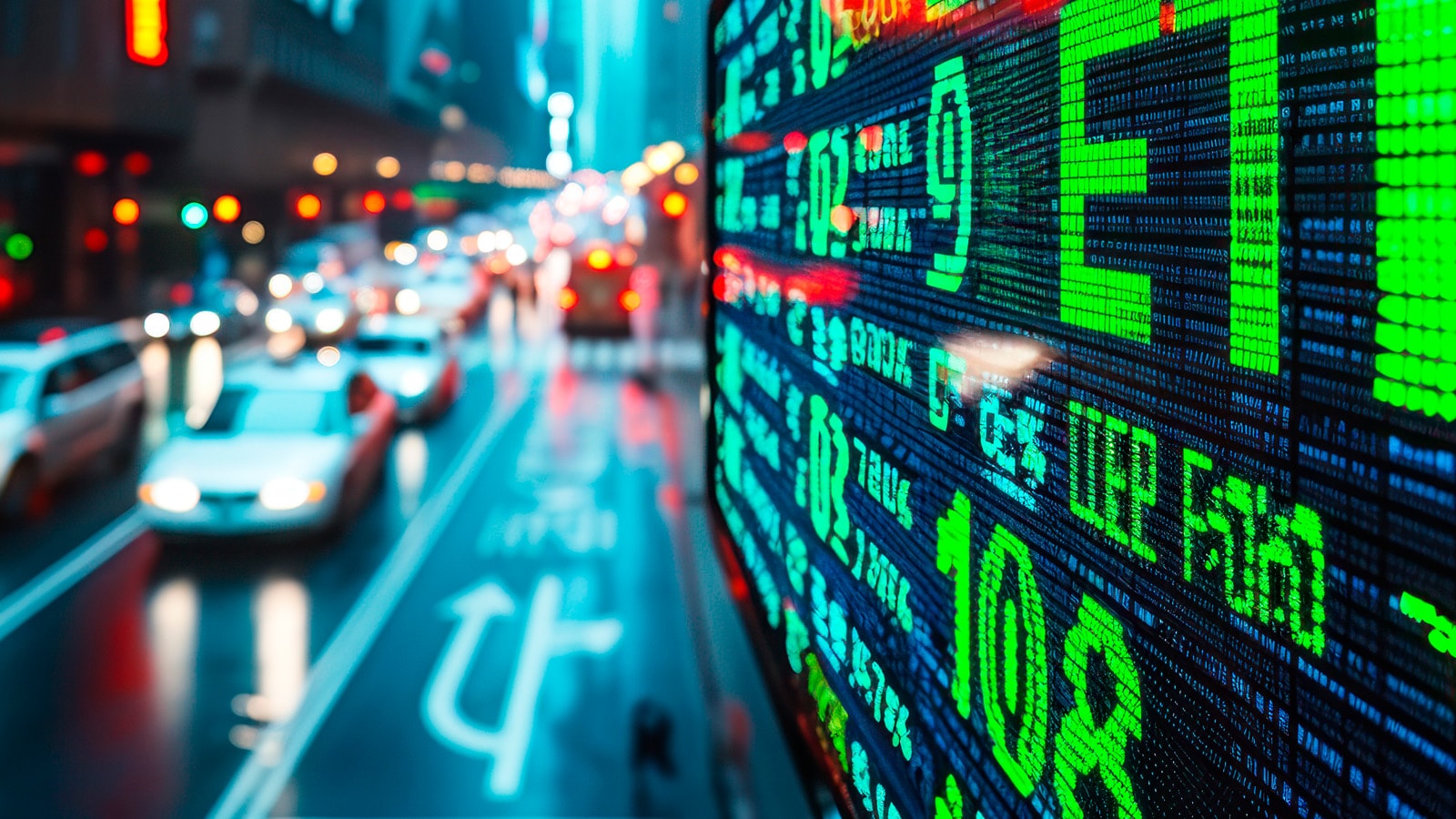 Investeringsbillede med wallstreet hvor bilerne køre på vejen og dataskærm med grøn tekst