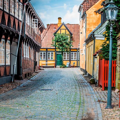 Brostensbelagt gade med bindingsværkshuse i Ribe.
